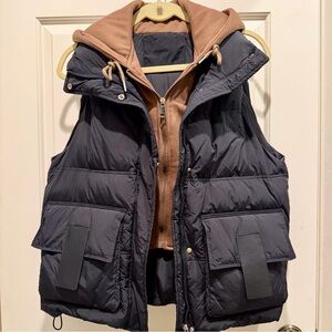 Women's Black Puffer Down Vest with attached Brown Hoodie